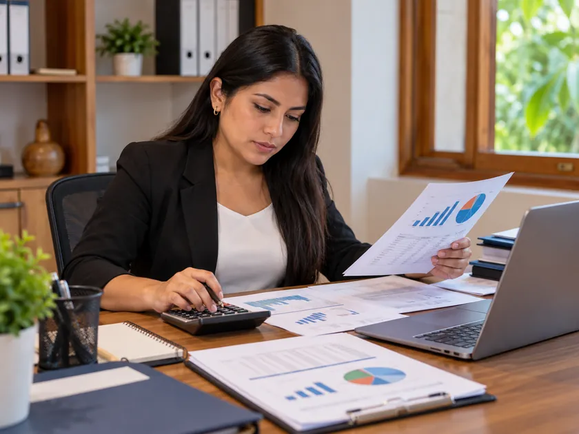 Contadora revisando estados financieros y registros contables en su escritorio