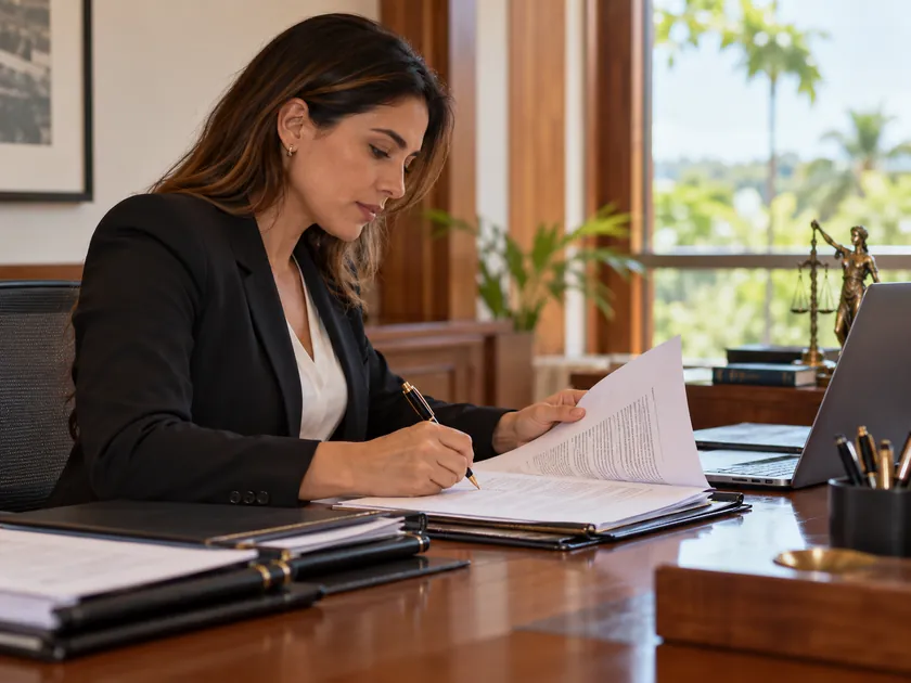 Profesional legal revisando documentos contractuales y expedientes